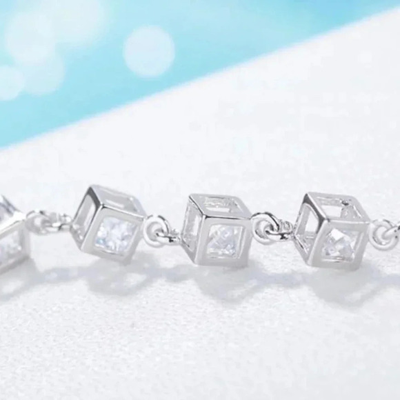 925 Sterling Silver Caged Diamond Cube Bracelet - Picture 5 of 6